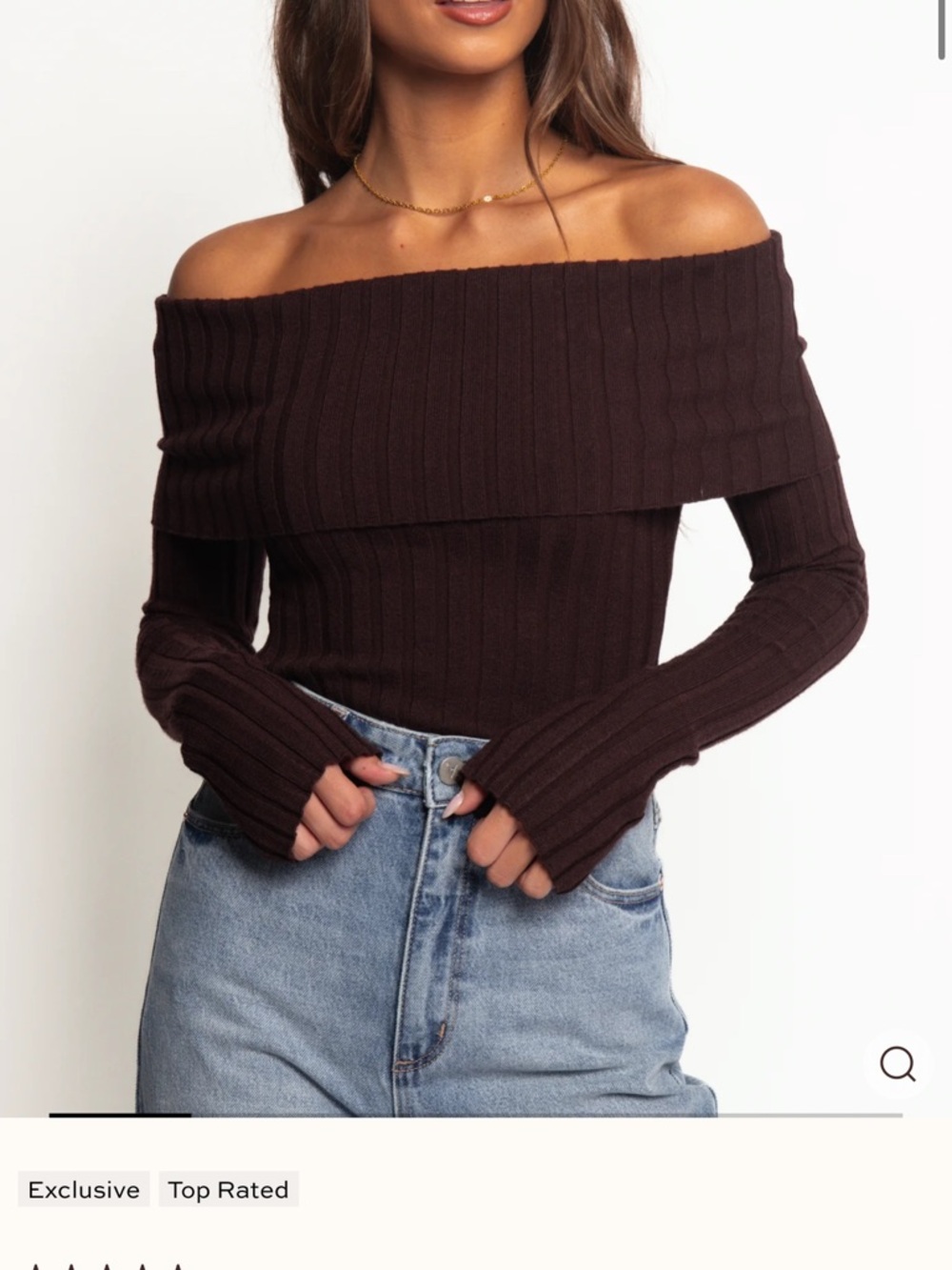 Petal & Pup Off-Shoulder Ribbed Knit Top in Deep Brown